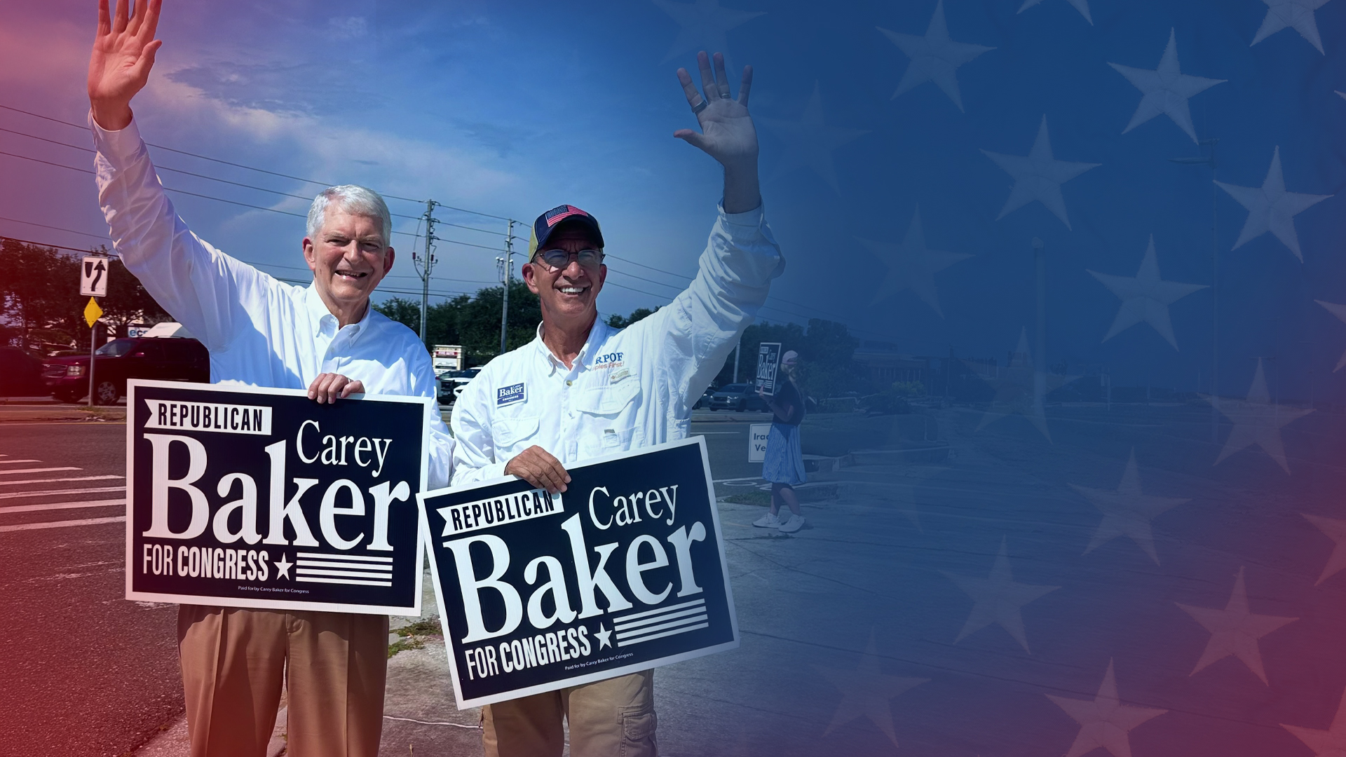 Congressman Daniel Webster and Carey Baker waving with Baker for Congress campaign signs